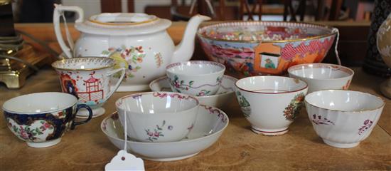 New Hall Boy at the Window punch bowl (a.f), similar tea bowl & sundry English polychrome wares (faults)